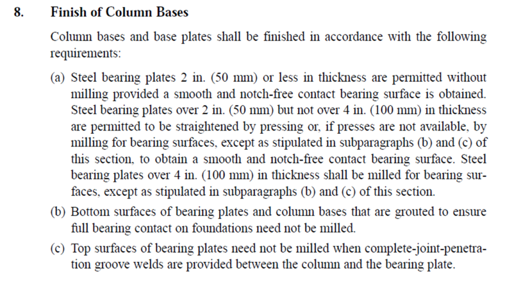 Finishing requirements of steel column base plates
